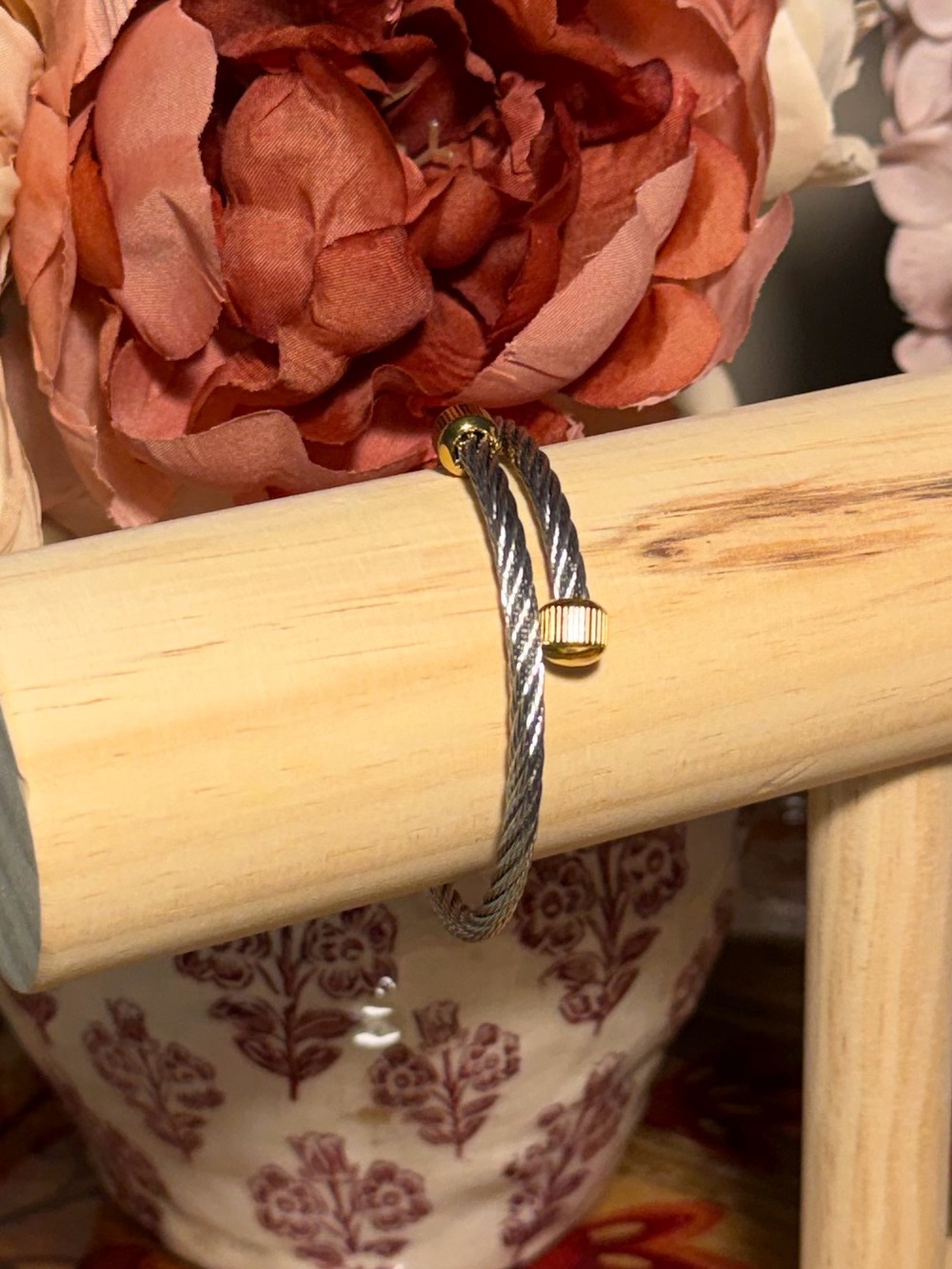 Jbloom “Roselyn” Cuff Silver Stainless Steel Cable Bracelet w/ Gold Stainless
